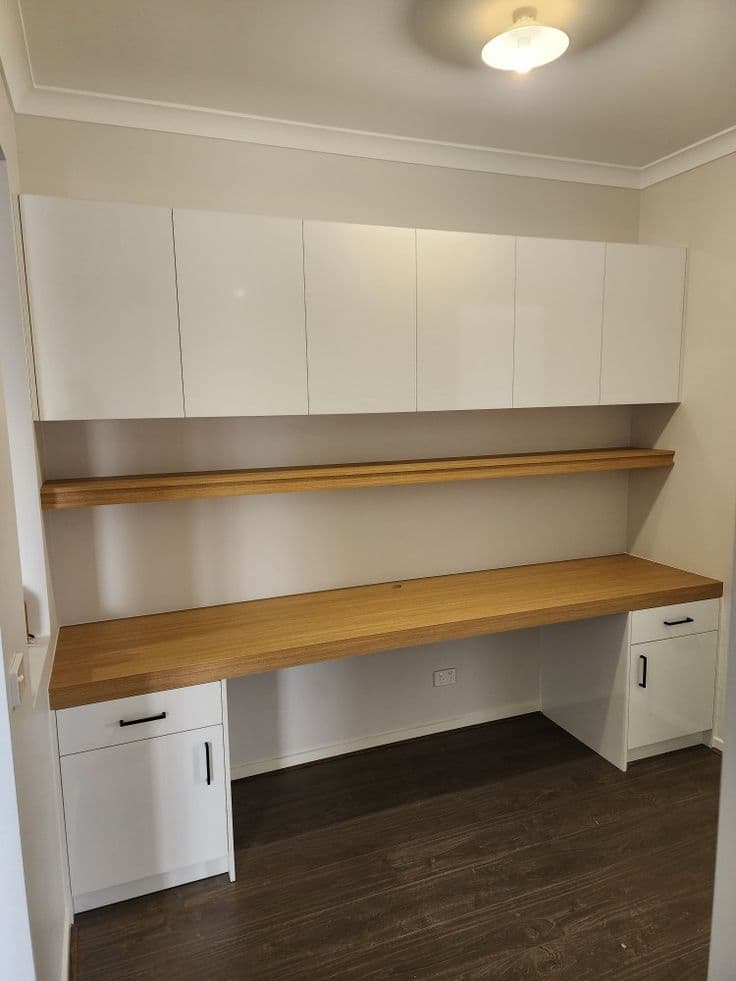 Study desk with oak worktop and overhead storage