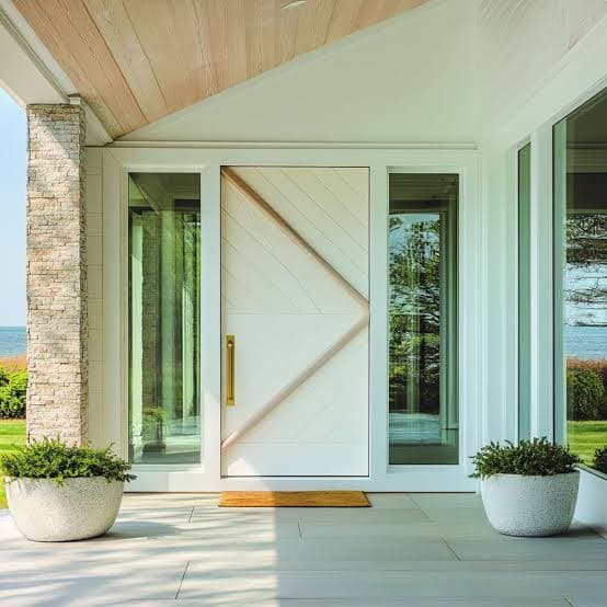 Contemporary white modern main entrance door with geometric gold trim