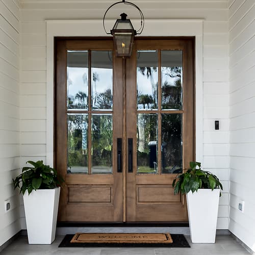 Elegant wooden double glass panel entrance door for residential home