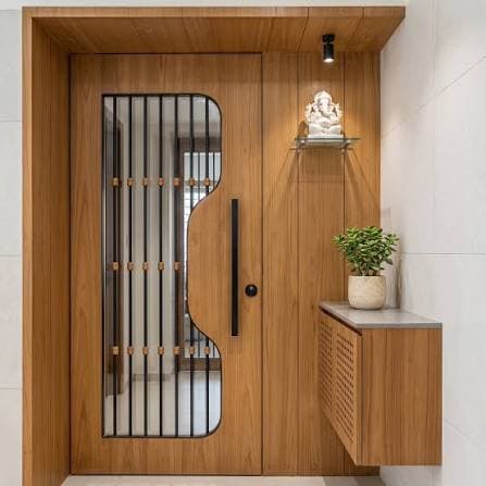Stylish wooden finish safety door with vertical bars and modern handle