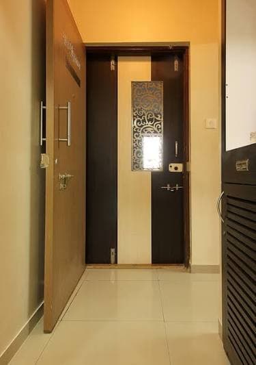 Two-tone modern wooden safety door with glass window insert