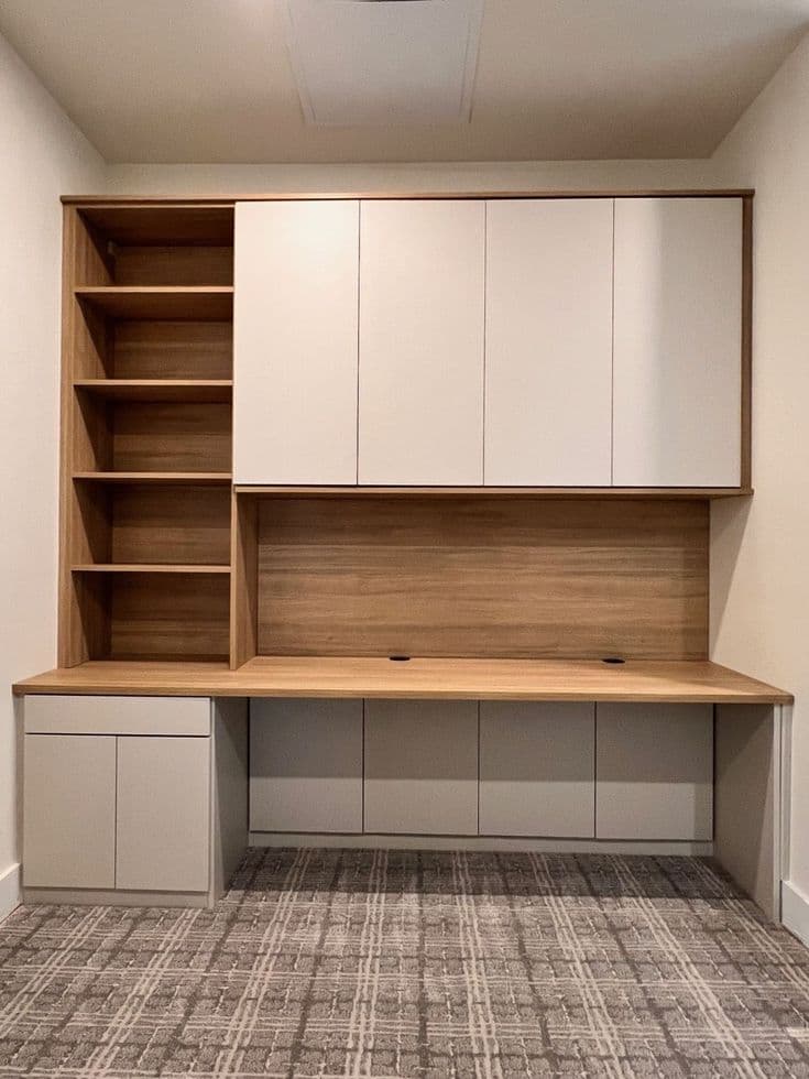 Oak and white study unit with open shelving and overhead storage