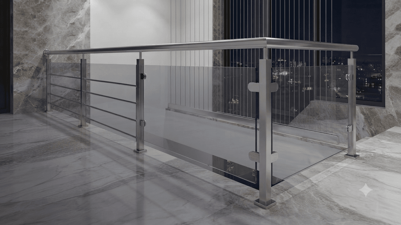Stainless steel railing with toughened glass infill panels