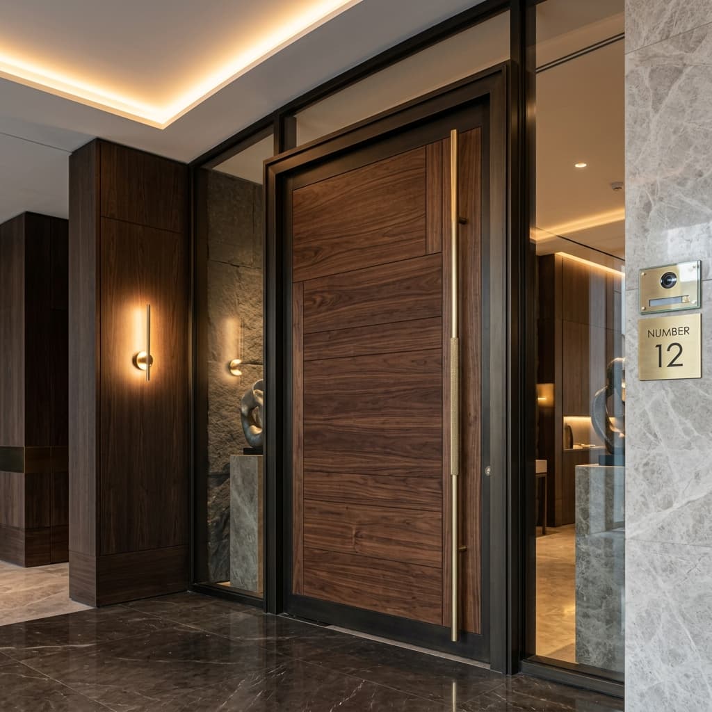 Luxurious architectural entrance door with decorative wood panelling and brass vertical handle