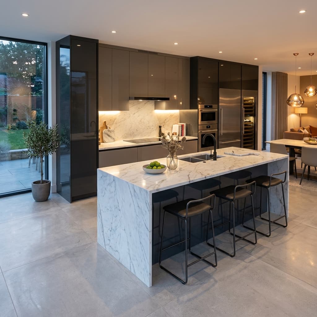 Luxury modern modular kitchen with acrylic cabinets and quartz marble countertop