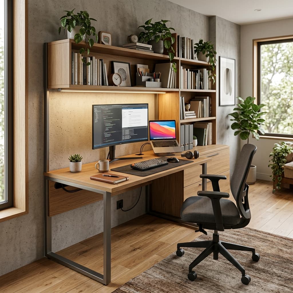 Integrated desk setup with bookshelves and LED task light