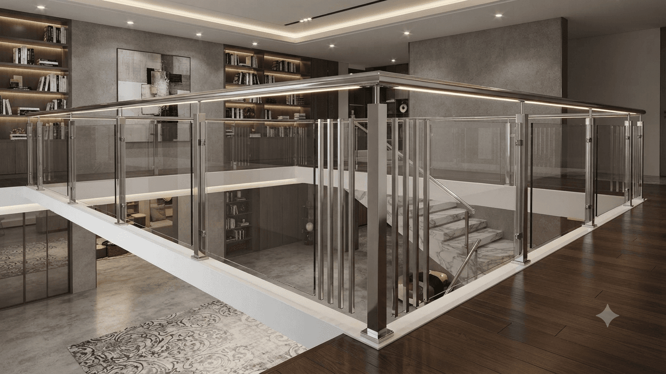 Architectural glass railing with continuous SS top handrail