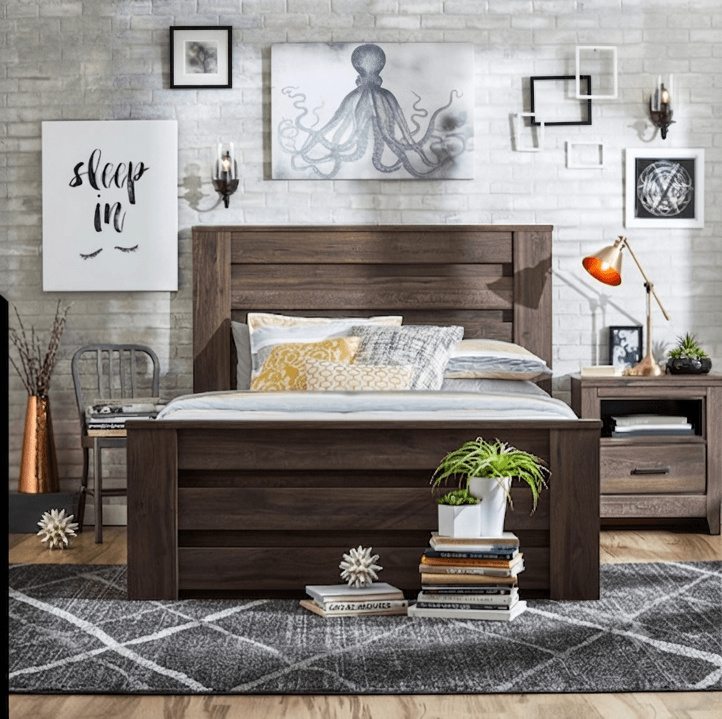 Contemporary wooden double bed with paneled headboard and nightstands