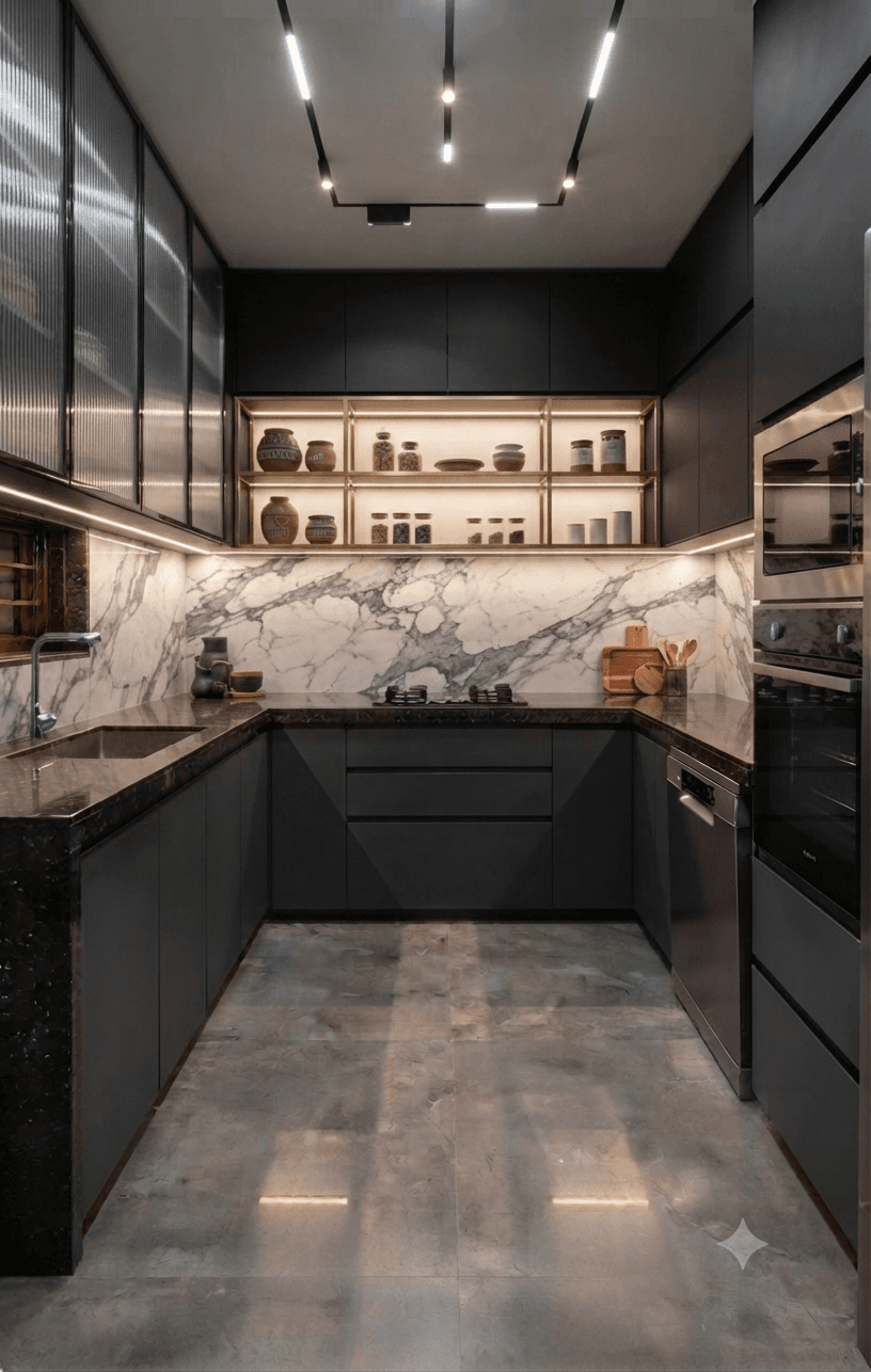 Luxury modular kitchen featuring marble-finish backsplash and warm lighting