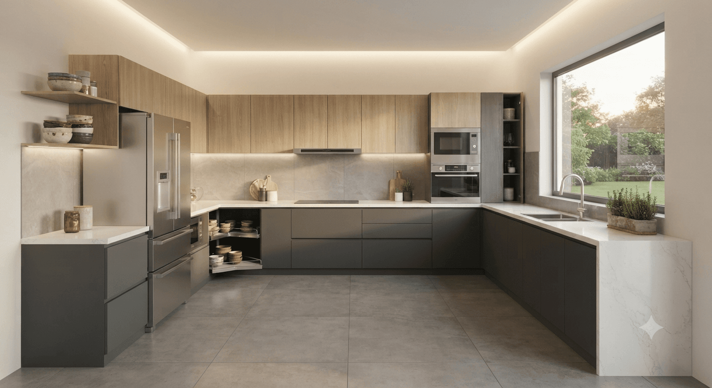 Modern U-shaped modular kitchen layout with grey cabinets and wooden accents