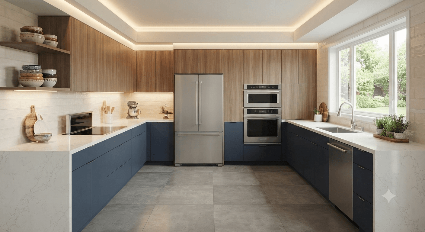 Spacious modern kitchen design with built-in stainless steel appliances