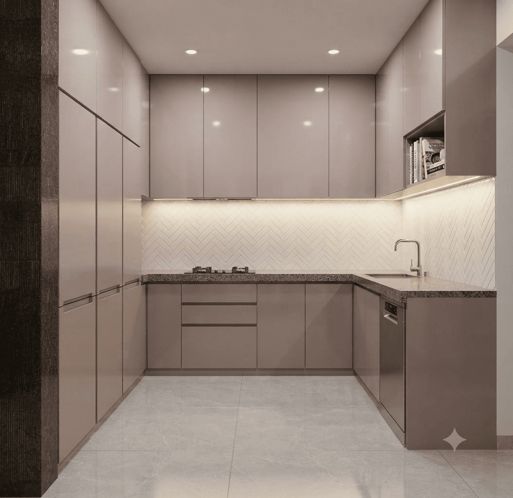Sleek minimalist modular kitchen with glossy finish cabinets and under-cabinet lighting
