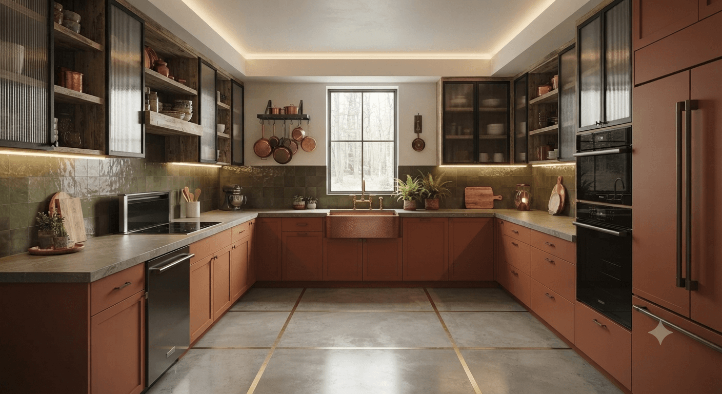 Elegant wooden finish U-shaped modular kitchen with ambient ceiling lighting