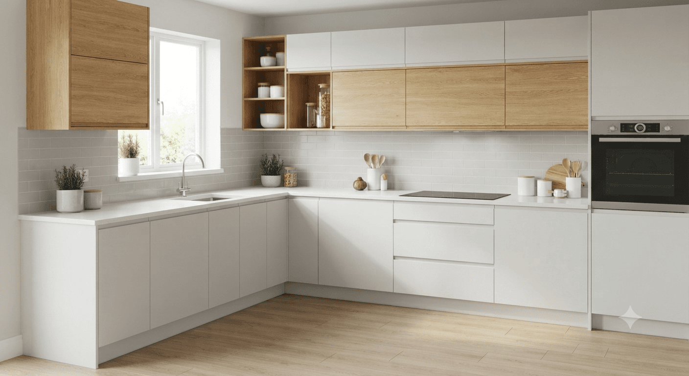 Clean white L-shaped modular kitchen layout with upper wooden cabinets