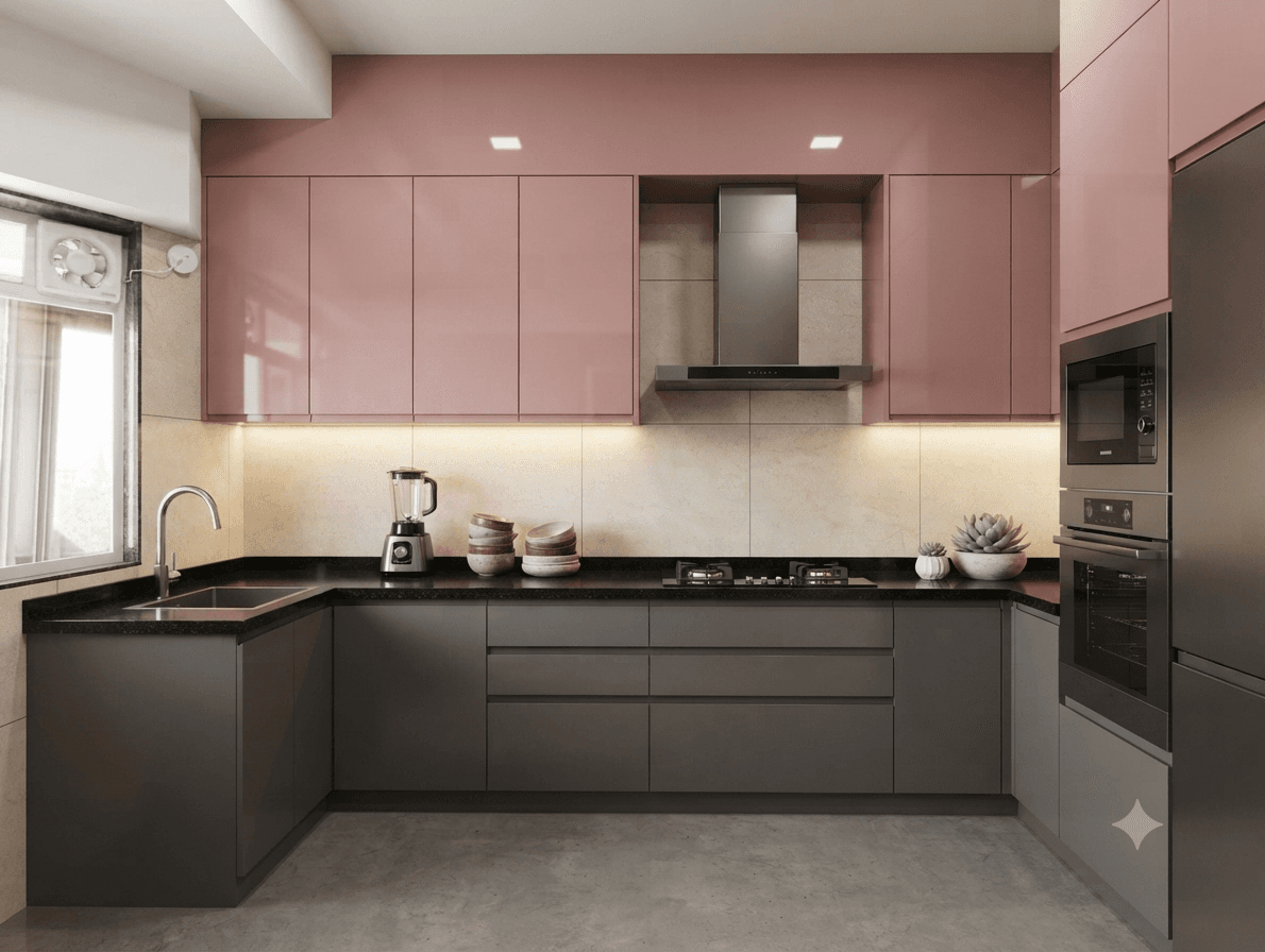 Stylish L-shaped kitchen with pastel pink cabinets and dark base units