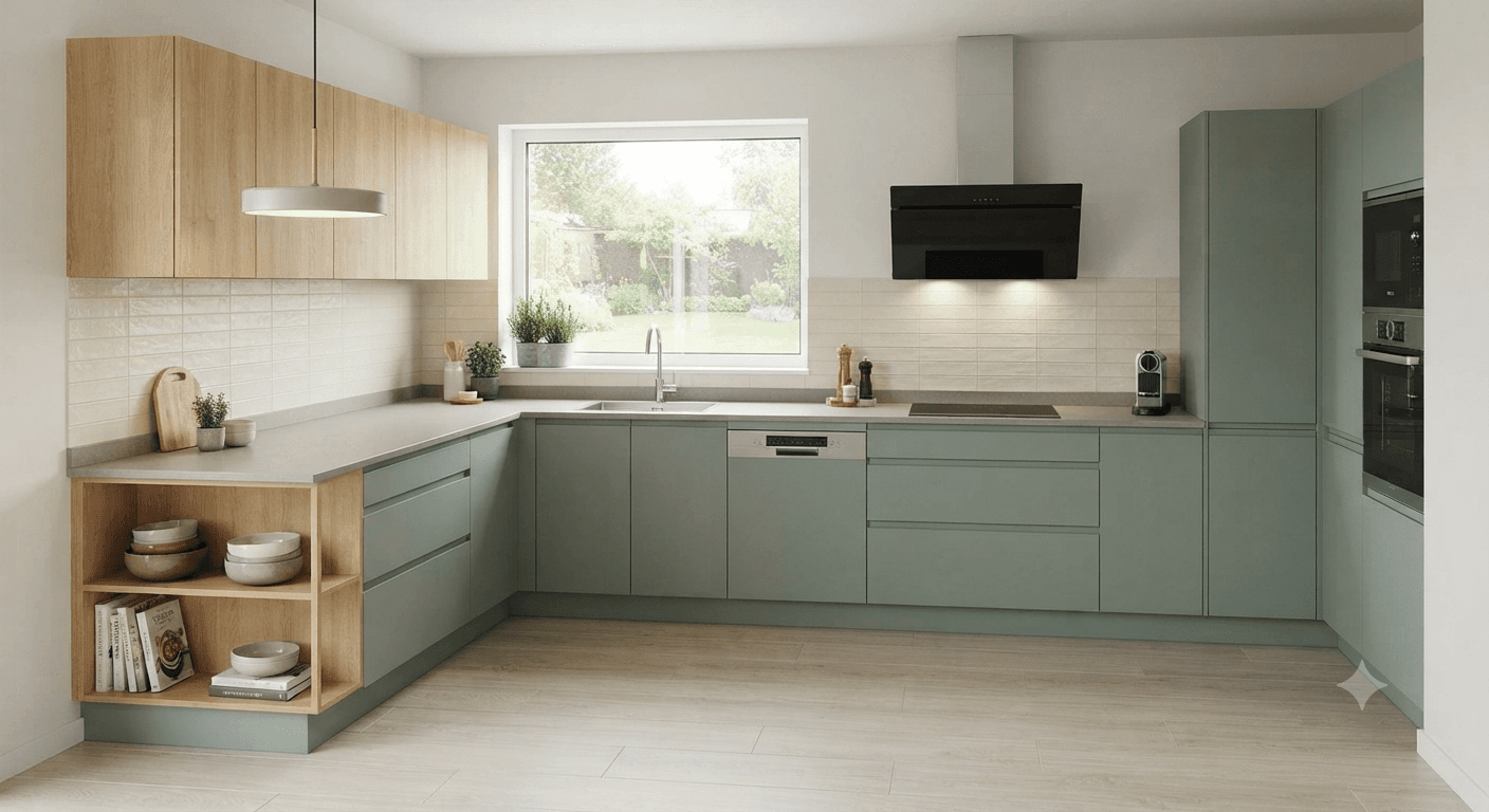 Minimalist sage green modular kitchen with wooden open shelving