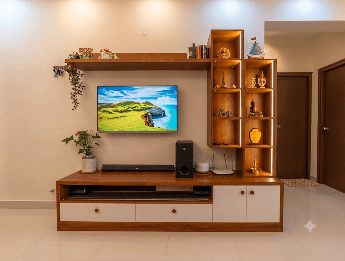 Modern wooden TV unit and entertainment center with wall shelves