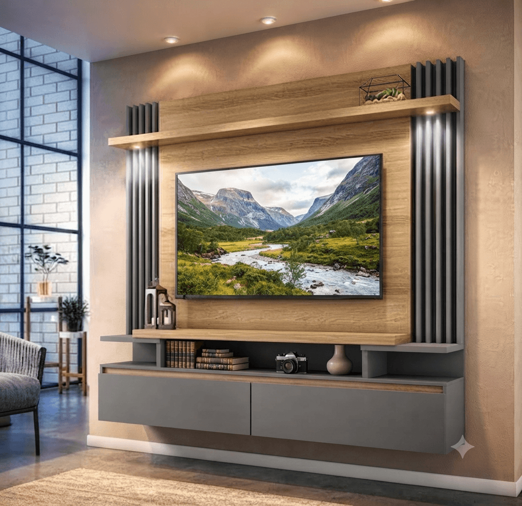 Contemporary wall-mounted TV cabinet with wooden panel backdrop