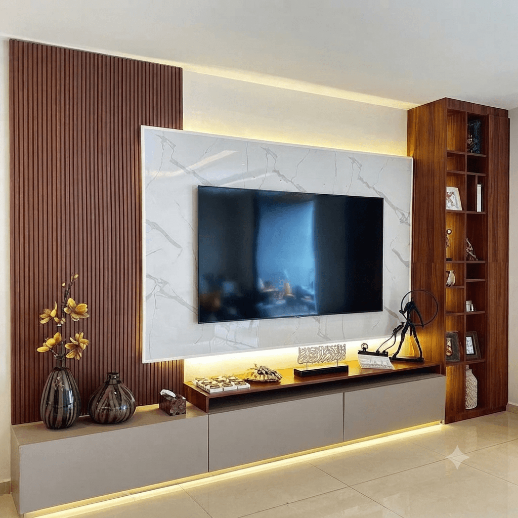 Luxury modern TV wall panel design with marble finish and lighting