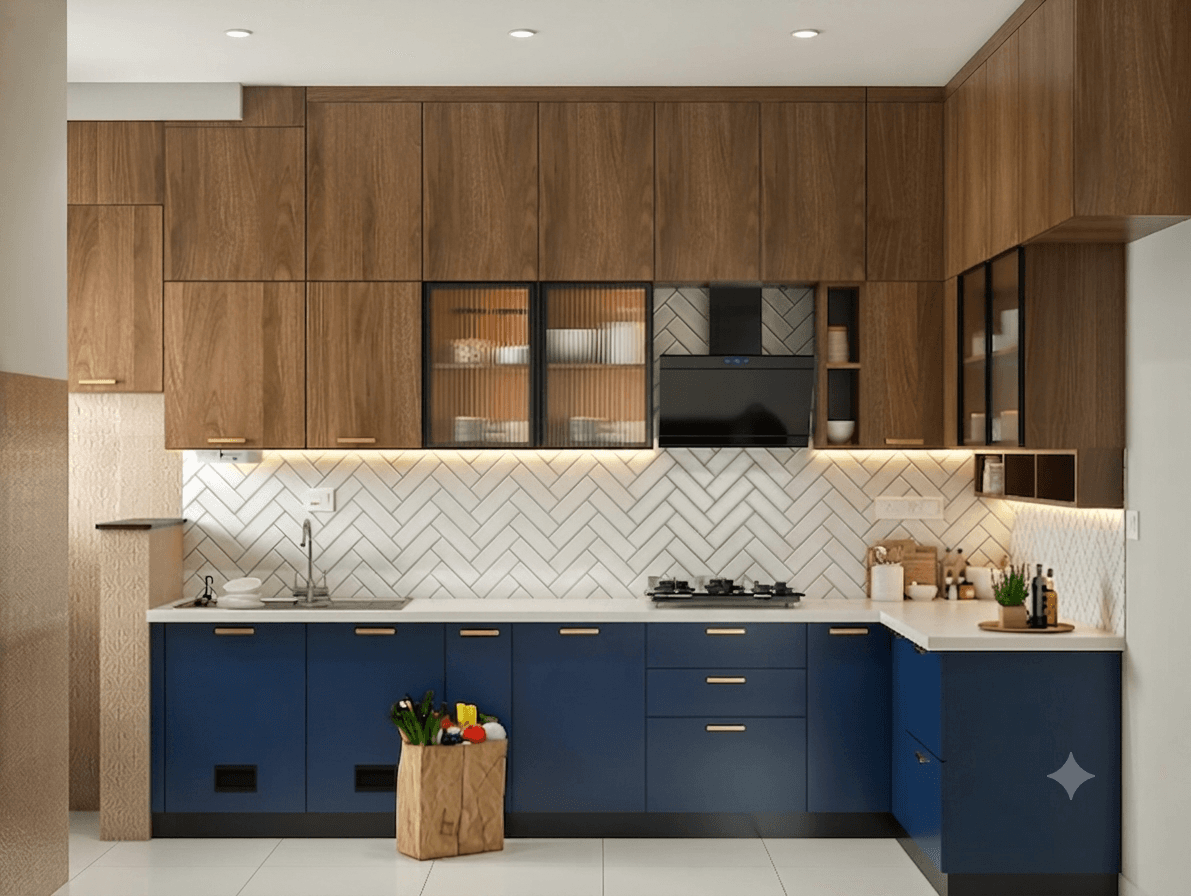 Modern blue and wooden modular kitchen design with countertop