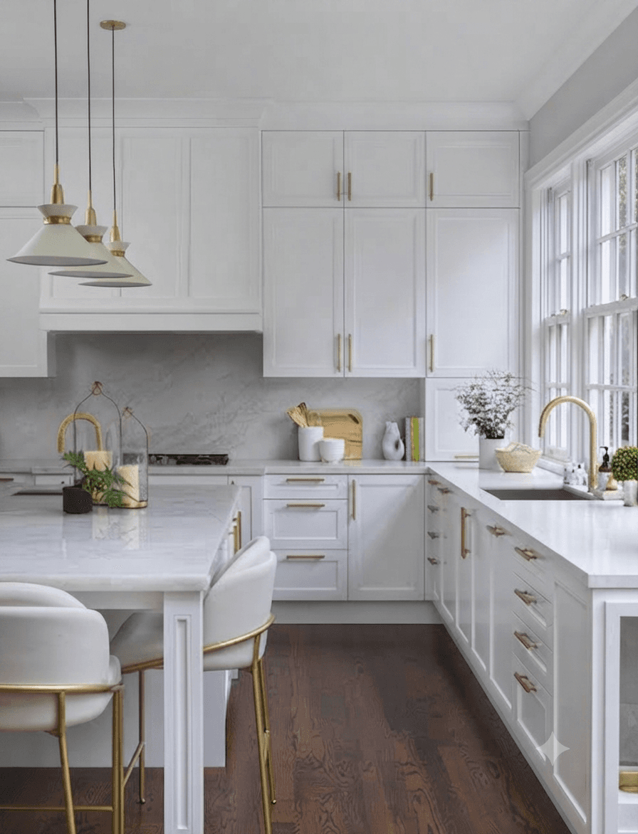 Elegant white classic modular kitchen interior with island counter