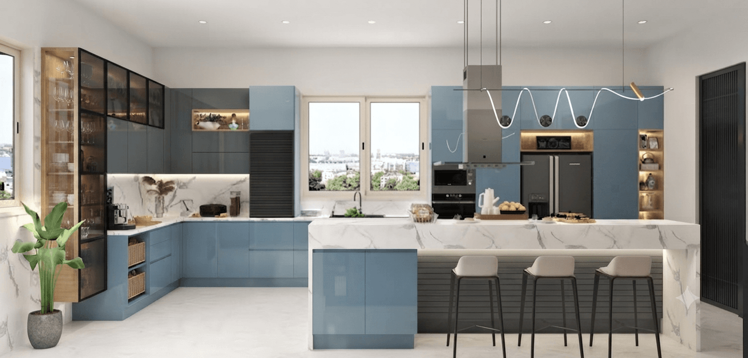 Contemporary pastel blue kitchen layout with breakfast island counter