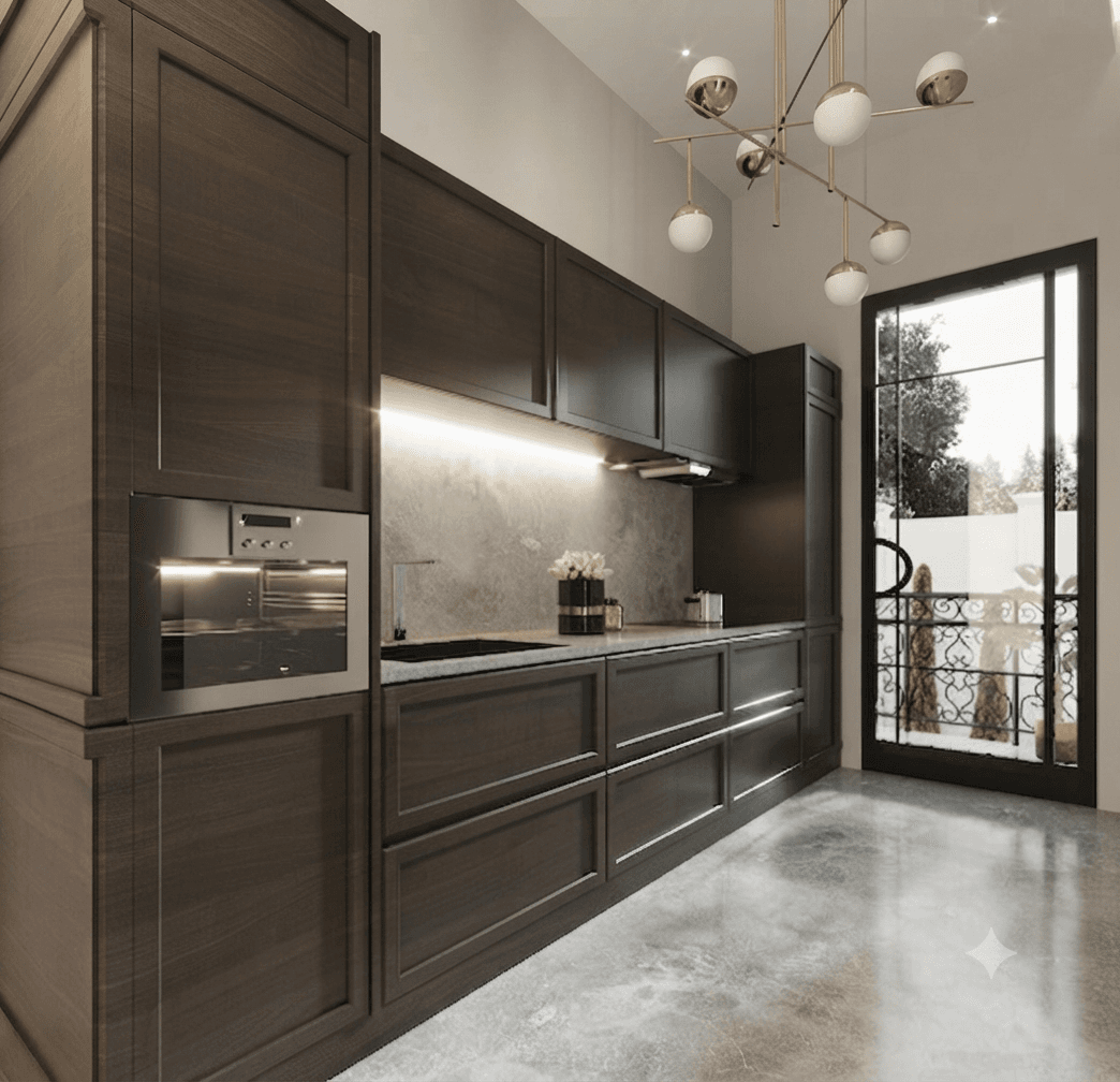 Luxury dark finish modular kitchen design with sleek cabinetry