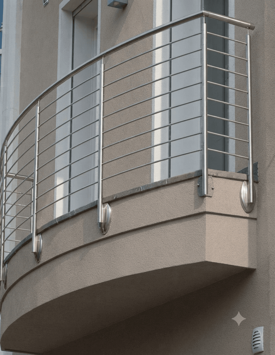 Curved stainless steel safety railing installation on building facade