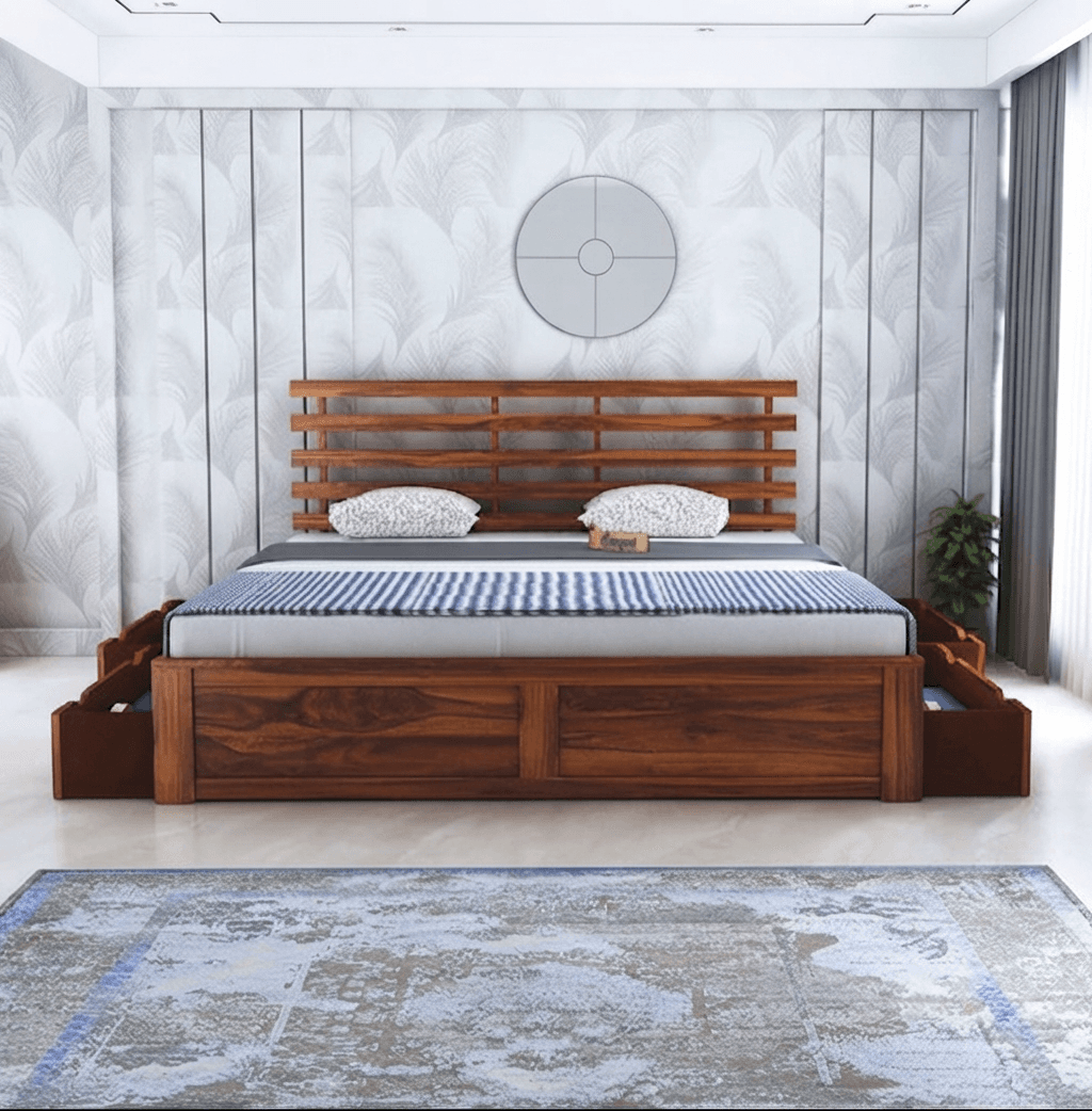 Solid wooden bed frame with built-in storage drawers for modern bedroom