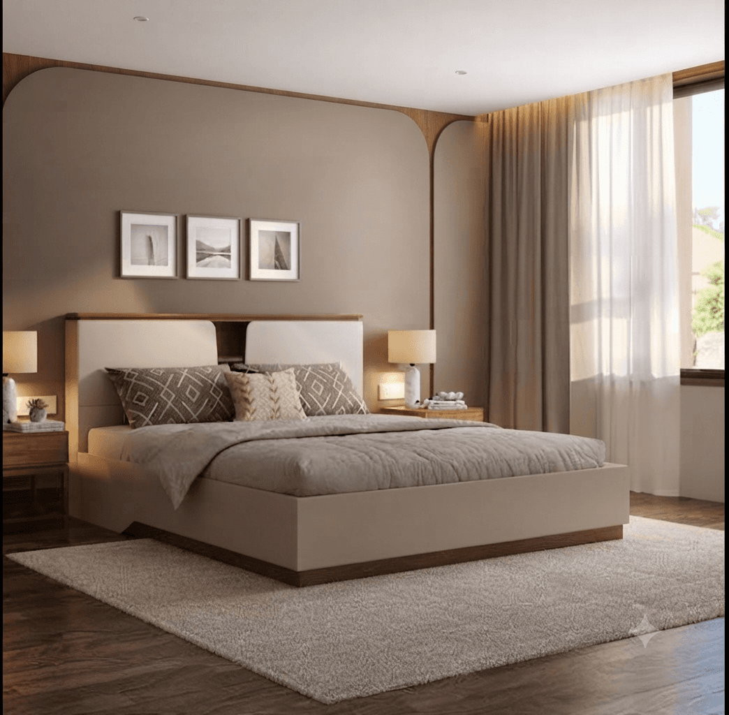 Modern upholstered platform bed with soft tufted headboard in bedroom interior