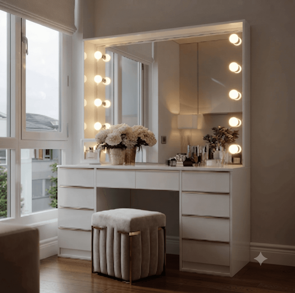 Modern luxury dressing table with illuminated Hollywood makeup mirror and drawers