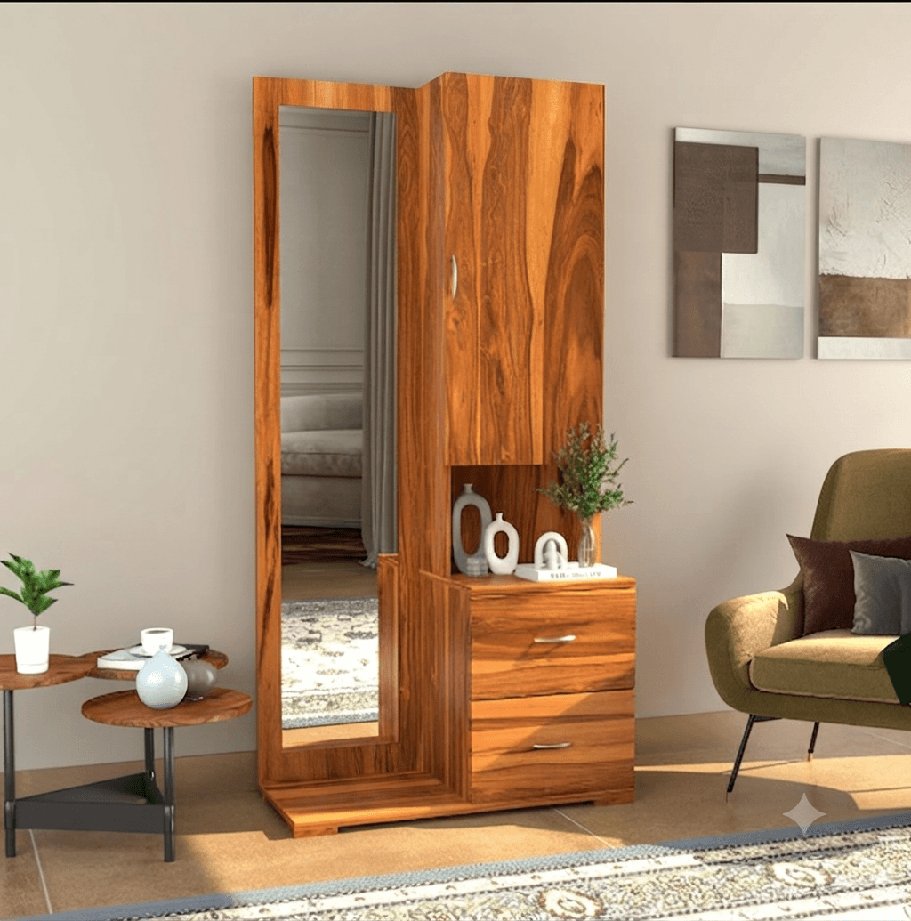 Contemporary wooden wardrobe and dressing unit with storage shelves