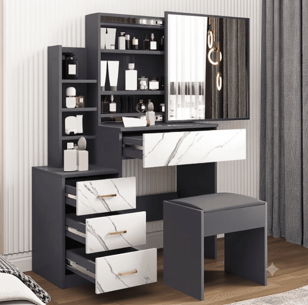 Stylish modern dark-toned dressing table with open shelving and stool