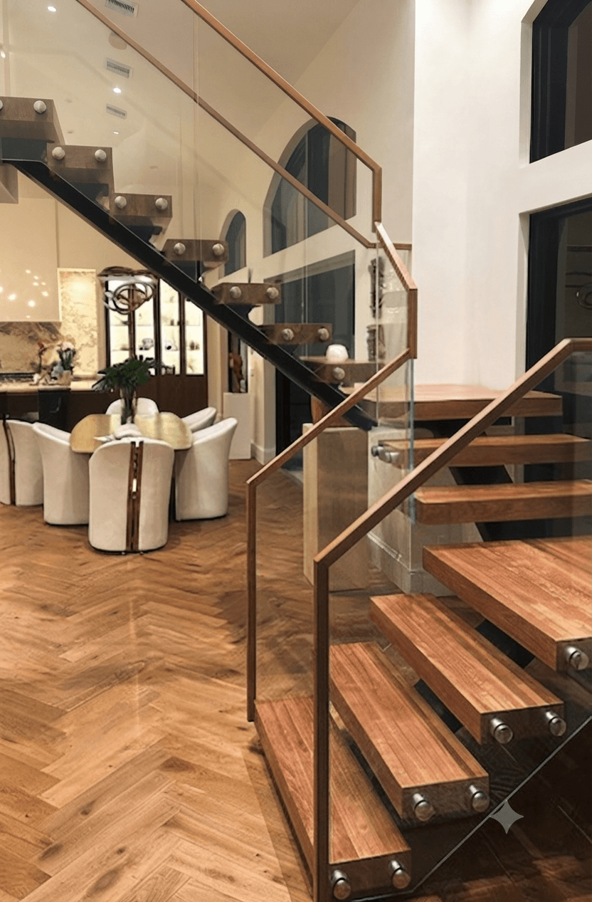 Modern glass railing design with wooden handrail for interior staircase