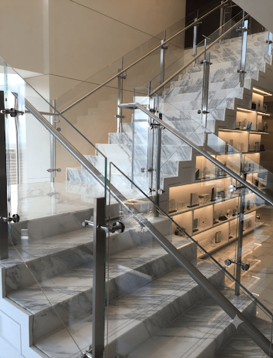 Elegant glass and stainless steel combination railing for luxury staircase