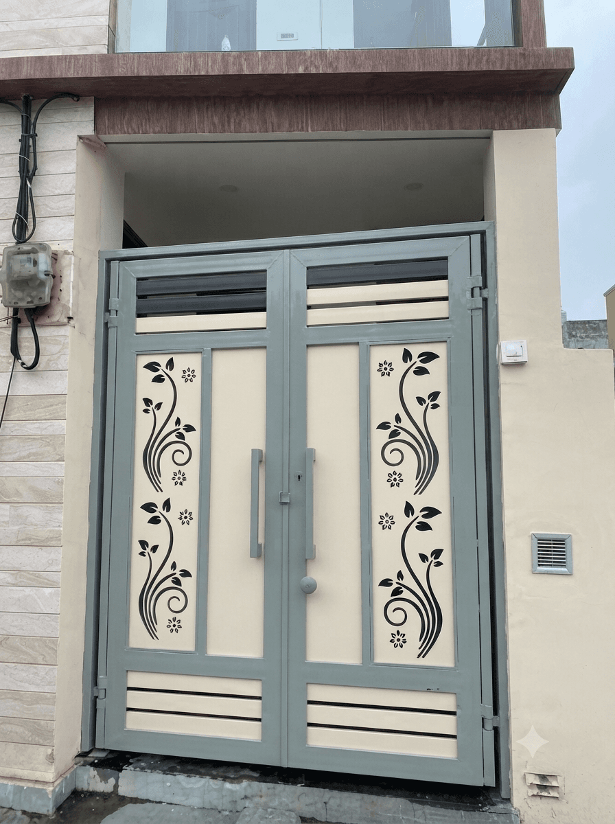 Contemporary mild steel main gate design with decorative floral patterns