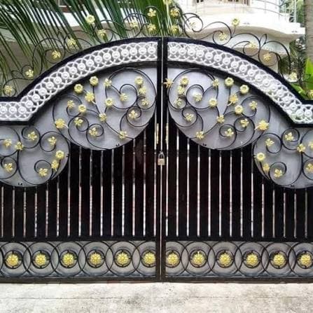 Designer arched mild steel double gate with intricate CNC grill work