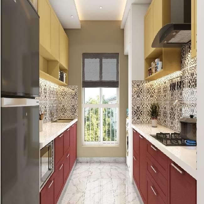 Modern parallel kitchen design with red lower cabinets and bright window view