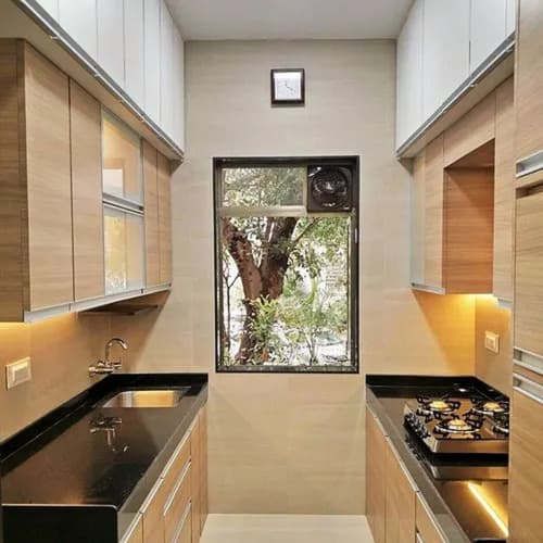 Contemporary parallel modular kitchen layout with wooden finish cabinets