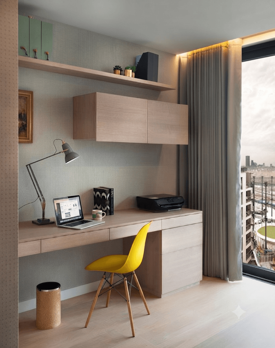Contemporary compact study desk with wall shelves and chair for home